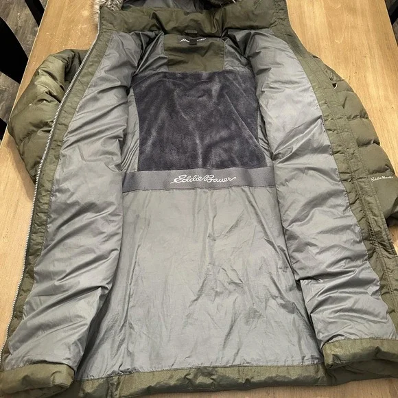Eddie Bauer Olive Puffer Jacket with Faux Fur Hood and Down Fill. - Picture 5 of 10